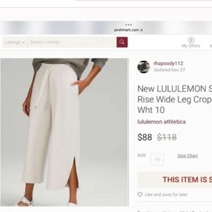 Lululemon high rise, wide leg softstreme cropped pants